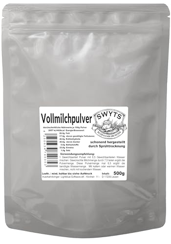 500g Milchpulver Vollmilch - 26% Fett - haltbares Pulver als Alternative zu frischer Milch - auch für Trekking und Krisenmanagement-Bevorratung - besser kochen und backen mit Qualität von SWYTS von SWYTS