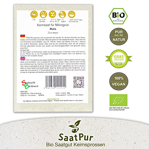 Mais Popcornmais BIO Keimsprossen Bio Keimsaat von SaatPur - Sprossen, Microgreens - Kleines Tray mit 20 Portionstüten je 50g von SaatPur