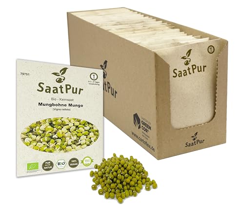 Mungbohnen BIO Keimsprossen SaatPur - Mungo Sprossen Keimsaat, Microgreen - Großes Tray mit 40 Portionstüten je 75g von SaatPur