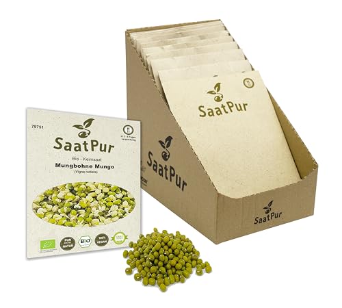 Mungbohnen BIO Keimsprossen SaatPur - Mungo Sprossen Keimsaat, Microgreen - Kleines Tray mit 10 Portionstüten je 75g von SaatPur