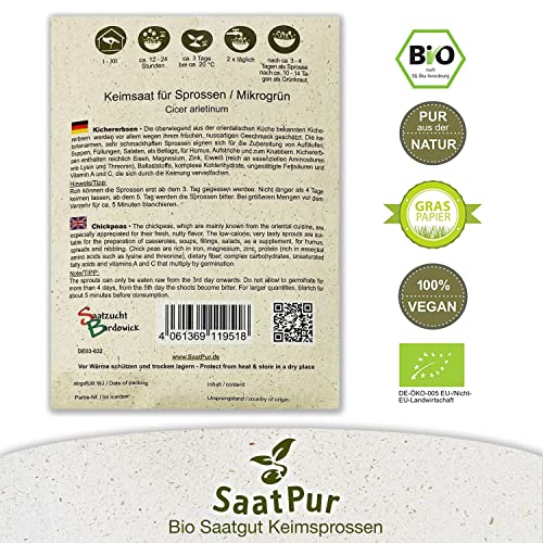 SaatPur Bio Keimsprossen - Keimsaat für Kichererbsen Sprossen - Microgreen - Kleines Tray mit 10 Portionstüten je 90g von SaatPur