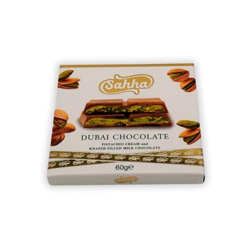 Sahha Dubai Schokolade Original mit Pistaziencreme und Kadayif - 60g Packung, Arabische Schokolade mit Traditionellem Füllung und Kadayif - Ideal für Geschenke von Sahha