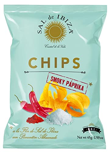 Sal de Ibiza - Chips Smoky Paprika, Kartoffelchips mit Piementón de La Vera, milde Schärfe und eine feine Rauchnote, passt perfekt zu hellem Bier und Sekt, 45 g Beutel von Sal de Ibiza