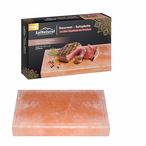 SalNatural Gourmet Salz Grillstein 30x20x4 cm (CHEF) mit Rinne. Original Kristallsalz aus dem Vorgebirge des Himalaya* Salzstein zum grillen. BBQ Grillplatte .Premium Geschenkbox von SalNatural Reines Bergkristallsalz & mehr