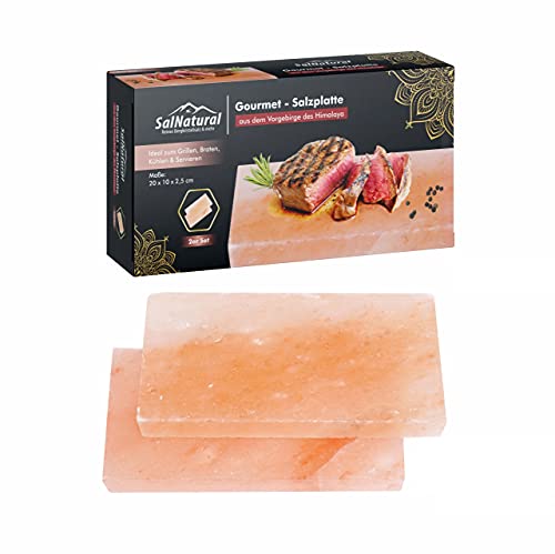 SalNatural Gourmet Salz Grillsteine 20x10x2,5cm (2er Pack) Original Kristallsalz aus dem Vorgebirge des Himalaya* Salzstein zum grillen. BBQ Grillplatte | Premium Geschenkbox von SalNatural Reines Bergkristallsalz & mehr