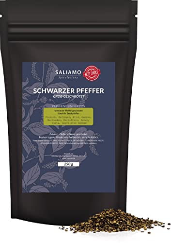 250g Schwarzer Pfeffer grob geschrotet; Pfeffer für Steakpfeffer, gegrilltes Gemüse, Marinaden; Pfeffer gehackt ohne Zusätze, Allround-Gewürz, Gewürz Grundausstattung; im praktischen Doypack | Saliamo von Saliamo