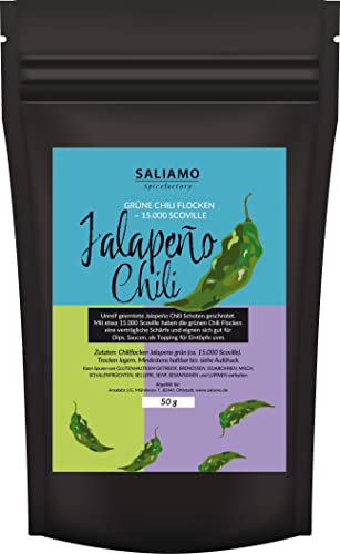 50g Jalapeño grün Chili Flocken, Jalapeño geschroten mit Saat, intensives Chiliaroma, Chiliflocken mit verträglicher Schärfe, Flakes mittlere Schärfe | Saliamo von Saliamo