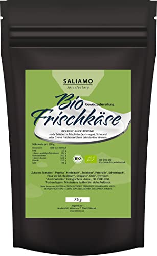 75g BIO-Frischkäse Gewürzzubereitung herzhaft, leicht scharfe Gewürzmischung BIO Frischkäse, würzig-fruchtiges BIO Topping für Frischkäse, Gewürz mit Kräutern ohne Zuckerzusatz | Saliamo von Saliamo