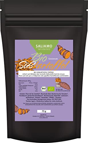 75g BIO Gewürzzubereitung für Süßkartoffel, BIO Topping für alle herzhaften Süßkartoffel Gerichte, Gewürzsalz für Süßkartoffeln Chips und Pommes, für Gemüsechips, Gewürz ohne Zuckerzusatz | Saliamo von Saliamo