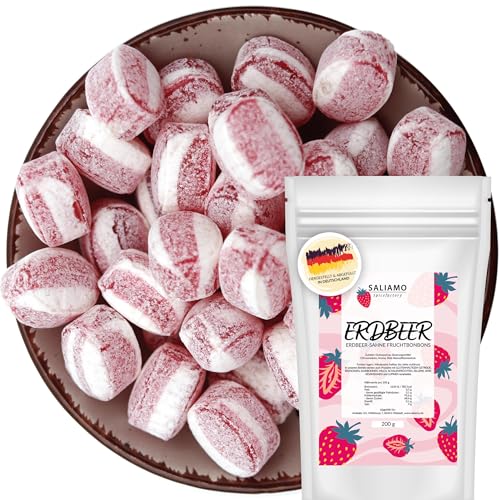 Saliamo | 200g Frucht Bonbon Erdbeer Sahne Geschmack - cremig - Retro Süßigkeiten Bonbons wie früher - Jahrmarkt Bonbons - Hergestellt in Deutscher Manufaktur von Saliamo