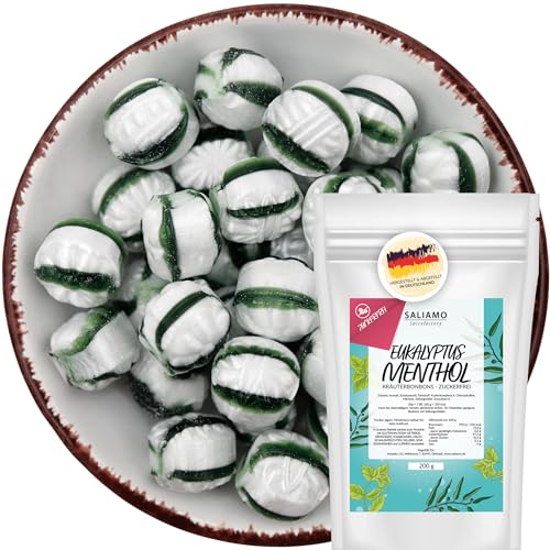 Saliamo | 200g Zuckerfreie Bonbons - Eukalyptus Menthol Bonbons - voller Geschmack - Bonbon ohne Zucker - mit Isomalt - zuckerfrei - Deutsche Manufaktur von Saliamo