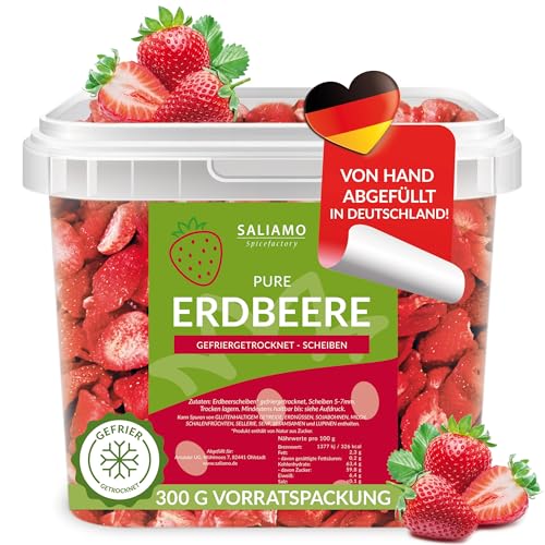 Saliamo | 300g gefriergetrocknete Erdbeeren - Scheiben - Erdbeeren getrocknet - Erdbeerchips - pure Frucht - 100% Erdbeeren (300g Eimer) von Saliamo