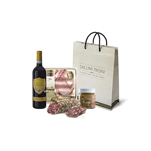 Aperitif-Set "Gusti della Toscana" mit Montalcino-Rotwein, gerösteter Porchetta mit Kräutern, große Filetsalami mit Trüffeln, gegrillte Pfeffer, Salumi Pasini von Salumi Pasini