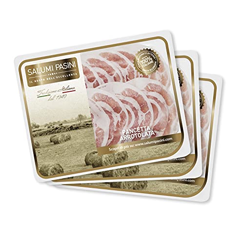 Pancetta Arrotolata Salumi Pasini® | La Tradizione | Aufgerollter Speck | Traditionell in Scheiben geschnitten | 3 Schalen | je 100 gr | Zarter Geschmack von Salumi Pasini