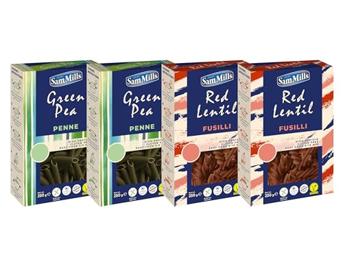 Sam Mills – Probierpaket glutenfreie Nudeln | 2x rote Linsen-, 2x grüne Erbsen-Pasta - 4x 250 g Penne Kennenlernpaket von Sam Mills