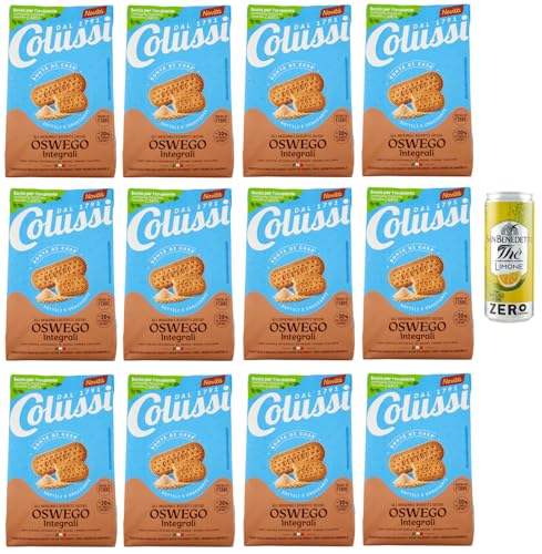 12er-Pack Colussi Biscotti Oswego Integrali,Vollkornkekse Kekse mit Braunem Zucker und Getreide Mehl,450g Beutel + 1er-Pack Kostenlos San Benedetto Eistee mit Zitrone Ohne Zucker 330ml Dose von San Benedetto