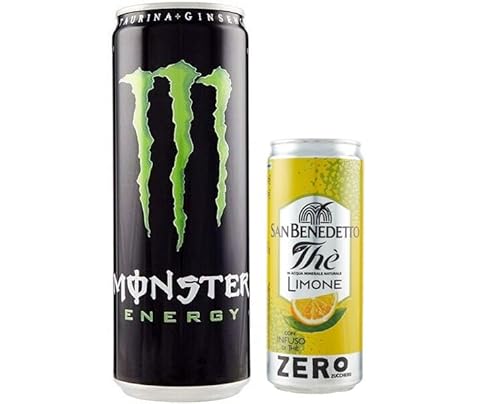 12er-Pack Monster Original Energy Drink,Erfrischender alkoholfreier Energiegetränk der klassische Monster-Geschmack,355ml Einwegdose + 1er-Pack San Benedetto Eistee mit Zitrone Ohne Zucker 330ml Dose von San Benedetto