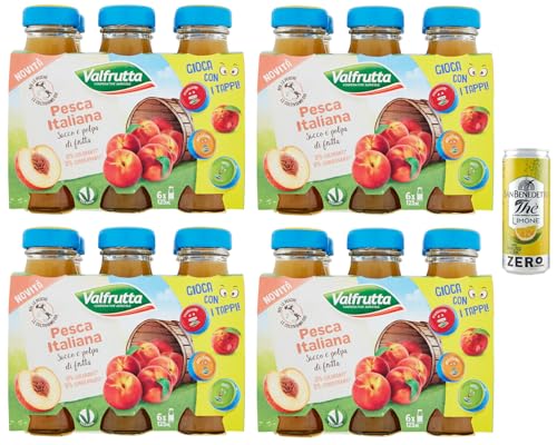 24er-Pack Valfrutta Succhi di Frutta Pasca, Fruchtsaft mit Italienische Pfirsiche,alkoholfreies Getränk,125ml Einweg-Glasflasche + 1er-Pack San Benedetto Eistee mit Zitrone Ohne Zucker 330ml Dose von San Benedetto