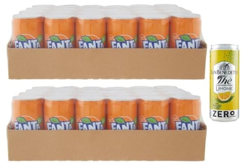 48er-Pack Fanta Original,Erfrischendes Alkoholfreies Getränk mit Orangensaft,Einweg-Dose 250ml + 1er-Pack Kostenlos San Benedetto Eistee mit Zitrone Ohne Zucker 330ml Dose von San Benedetto