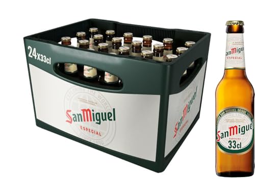 San Miguel Especial Premium Lager Flaschenbier, MEHRWEG (24 x 0.33 l) im Kasten, Internationales Lager Bier, 24er Kiste (Verpackung kann variieren) von San Miguel