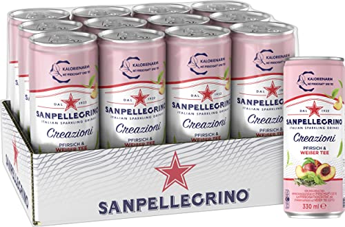 San Pellegrino Creazioni Pfirsich & weißer Tee, Kalorienarme Limonade, 37 Kalorien pro Dose, 12er Pack (12 x 330ml) Einweg-Dosen von San Pellegrino