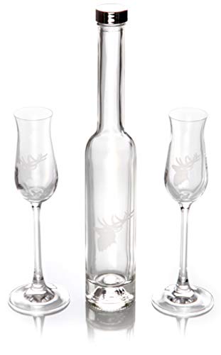 Design Schnaps- Likör- & Grappaset 3 teilig mit gravierte, Hirschkopf - Edles Geschenkset mit Gravur von Gravuren Feller