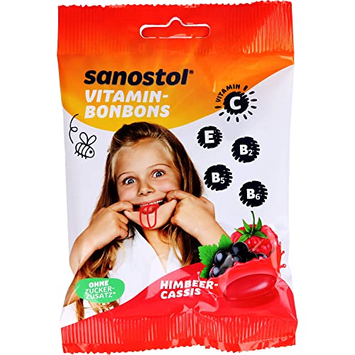 Sanostol Bonbons Himbeer-Cassis 75 g, Vitamine für Kinder, Bonbons zuckerfrei mit den Vitaminen C, E, B1, B2, B3, B5, B7 von Sanostol