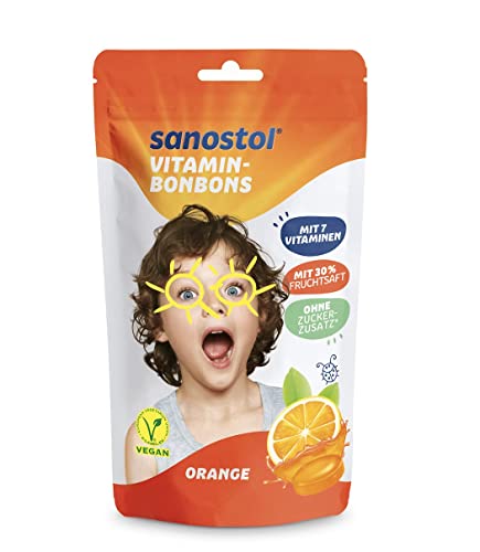 Sanostol Bonbons Orange 75 g, Vitamine für Kinder, Bonbons zuckerfrei mit den Vitaminen C, E, B1, B2, B3, B5, B6 von Sanostol