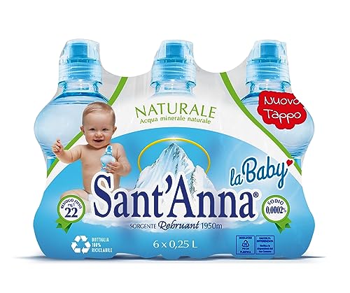 Acqua Sant'Anna La Baby Natur 0,25 Liter | Flasche mit Deckel "Thumb Up" | 100% recycelbarer Kunststoff | Packung mit 24 Flaschen (4 Packungen mit 6 Flaschen) von Sant'Anna