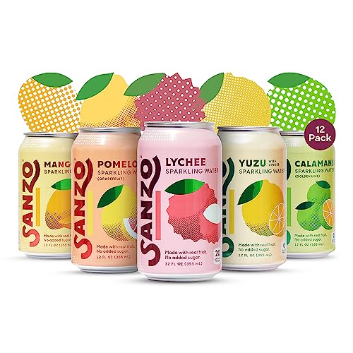 Sanzo Sektwassersorte, aromatisiert, Litschi (Beere), Yuzu (Zitrone), Pomelo (Grapefruit), Calamansi (Limette) und Mango (Alphonso) – hergestellt mit echten Früchten, ohne Zusatz und glutenfrei, 12 Stück Fl Oz von Sanzo