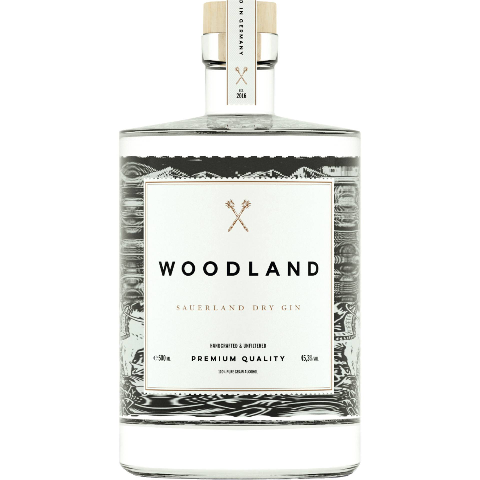 Woodland Sauerland Dry Gin, 45,3 % vol. 0,5 L, Spirituosen von Sauerland Distillers, Thünenstrasse 11, D - 58511 Lüdenscheid