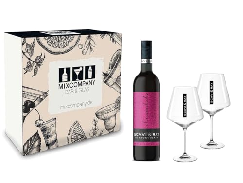 Scavi & Ray Geschenkset - Scavi & Ray Al Cioccolata Rotwein Cuvèe 0,75l (10% Vol) + 2x Ballon Gläser (20cl) -[Enthält Sulfite] von Scavi & Ray