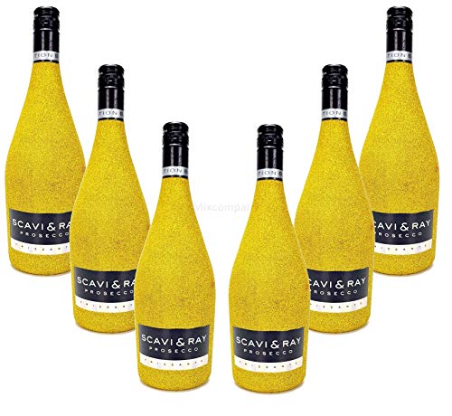 Scavi & Ray Prosecco Frizzante 0,75l (10,5% Vol) - Bling Bling Glitzer Glitzerflasche Flaschenveredelung für besondere Anlässe - Gold Aktion - 6 Stück (6x 0,75l = 4,5l) -[Enthält Sulfite von Scavi & Ray