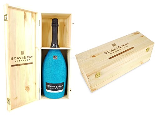 Scavi & Ray Prosecco Spumante Magnum 3l (11% Vol) Bling Bling Glitzerflasche Blau + Holzbox Holzkiste -[Enthält Sulfite] von Scavi & Ray