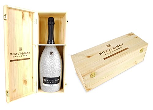 Scavi & Ray Prosecco Spumante Magnum 3l (11% Vol) Bling Bling Glitzerflasche Silber + Holzbox Holzkiste -[Enthält Sulfite] von Scavi & Ray