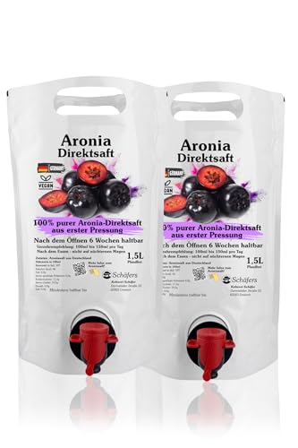 Aronia-Direktsaft in Super-Pouches, 2 x 1,5 Liter BAG-IN-BOX / 3 LITER, frisch gepresst in Deutschland von Schäfers