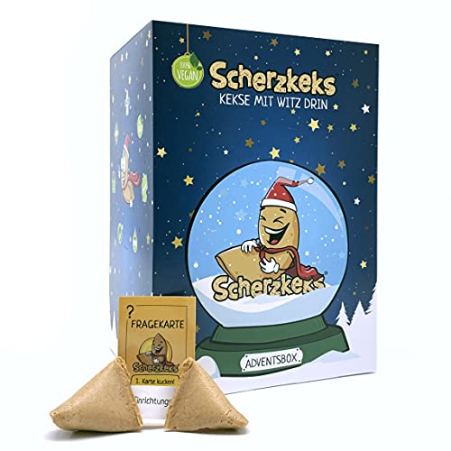 Scherzkeks Adventsbox mit 24 Keksen | Glückskekse mit lustigen Fragen & Antworten in dekorativer Weihnachtsbox, als Adventskalender, zu Weihnachten, Nikolaus, zum Wichteln, Silvester, Geschenk Set von Scherzkeks