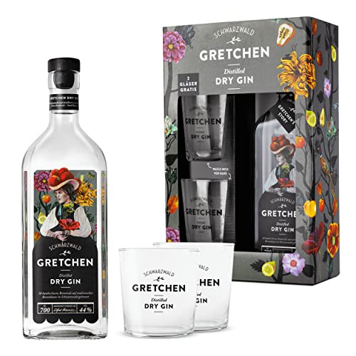 GRETCHEN Distilled Dry Gin Geschenk-Set, harmonischer Schwarzwald Gin der Hausbrennerei Schladerer und 2 x Gin Gläser, natürlich herb & fruchtig frisch mit feinen Quittennoten (1 x 0.7l) von Schladerer