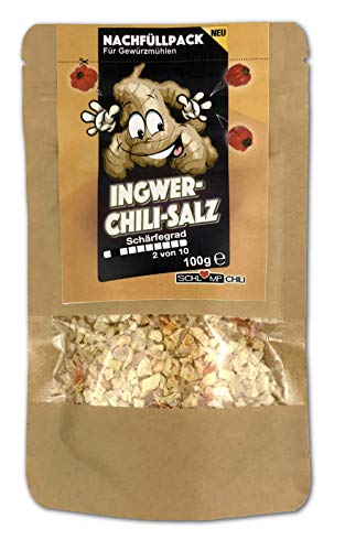 Schlump-Chili⎥ICHISA⎥Ingwer Chili Salz Nachfüllpack Gewürzmischung mit Meersalz, Ingwer und Chilis⎥geeignet für Gewürzmühlen mit Edelstahlmahlwerk oder Keramikmahlwerk (1x 100 g) von Schlump-Chili