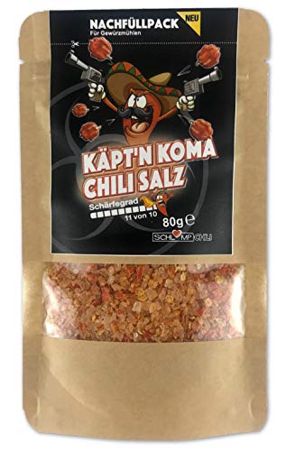 Schlump-Chili⎥KÄPTN KOMA schärfste Chili der Welt Salz Nachfüllset für Gewürzsalzmühlen 80 g - EXTREM SCHARF! von Schlump-Chili