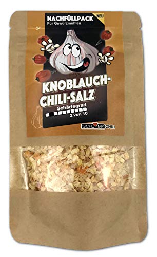 Schlump-Chili⎥KNOCHISA⎥Knoblauch Chili Salz Nachfüllset Gewürzmischung mit Meersalz, Knobi und Chilis⎥geeignet für Gewürzmühlen mit Edelstahlmahlwerk oder Keramikmahlwerk (1x 50 g) von Schlump-Chili