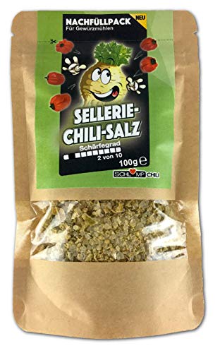 Schlump-Chili⎥Sellerie Chili Salz Nachfüllset für Gewürzsalzmühlen mit Edelstahlmahlwerk, Keramikmahlwerk⎥Gewürzmischung mit Meersalz & Chilis (1x 80g) von Schlump-Chili