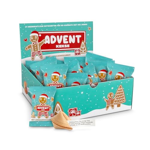 Glückskekse Weihnachten Lebkuchenmann 24+1 Glückskekse mit Lebkuchengeschmack im Display Advent und als Füllung für den Adventskalender, Nikolaus Geschenk, Wichtelgeschenk von Schöne Güter