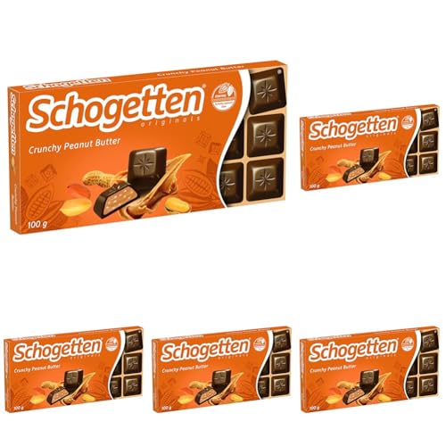 Schogetten Crunchy Peanut Butter 100g Schokoladentafel, praktisch einzeln portioniert. Ein Genuss. Stück für Stück. (Packung mit 5) von Schogetten