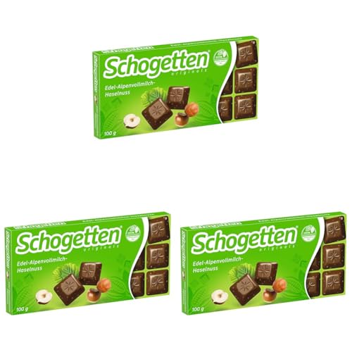 Schogetten Edel-Alpenvollmilch-Haselnuss 100g Schokoladentafel, praktisch einzeln portioniert. Ein Genuss. Stück für Stück. (Packung mit 3) von Schogetten