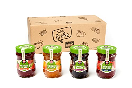 Schwartau Extra Weniger Zucker Probierset, Fruchtaufstrich Bestseller-Paket (Erdbeere, Erdbeere passiert, Aprikose, Schwarzkirsche), 4 x 300g Glas von Schwartau