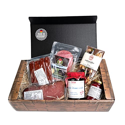 Kirschkiste - 6-teilig - Schlemmergeschenk mit Kirschmarmelade, Kirschsenf, Kirschwassersalami, Landjäger, Schokolade und Schinken - eine süße Überraschung aus dem Schwarzwald von Schwarzwald Metzgerei Schaufler