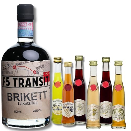 Brikett Lakritz Likör + 6 Kleine Liköre (Mix) - Lakritz, Weinbergpfirsich, Kirsche, Heidelbeere, Wildpflaume, Limoncello, Sanddorn + Gutschein Brennereiführung von Schwechower Obstbrennerei GmbH