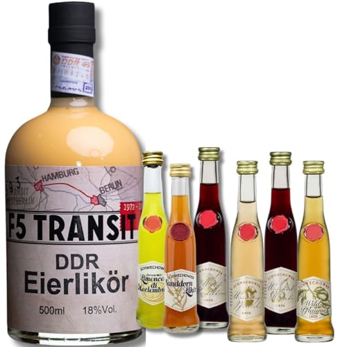 DDR Eierlikör + 6 Kleine Liköre (Mix) - Eierlikör nach DDR-Rezept + Likör: Weinbergpfirsich, Kirsche, Heidelbeere, Wildpflaume, Limoncello, Sanddorn + Gutschein Brennereiführung von Schwechower Obstbrennerei GmbH