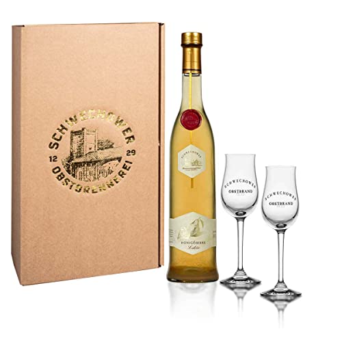 Schwechower Likör Honig & Birne 0,5l + 2 Bouquetgläser Geschenkkarton (30% Vol.) - Geschenkset, Präsent 500ml von Schwechower Obstbrennerei GmbH